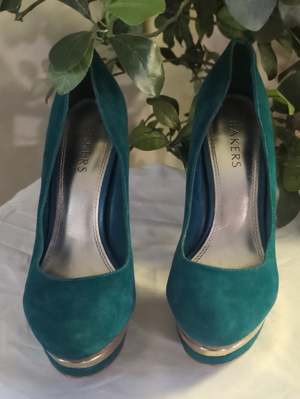 Bakers Teal Suede Platform Stilettos With Gold Accent